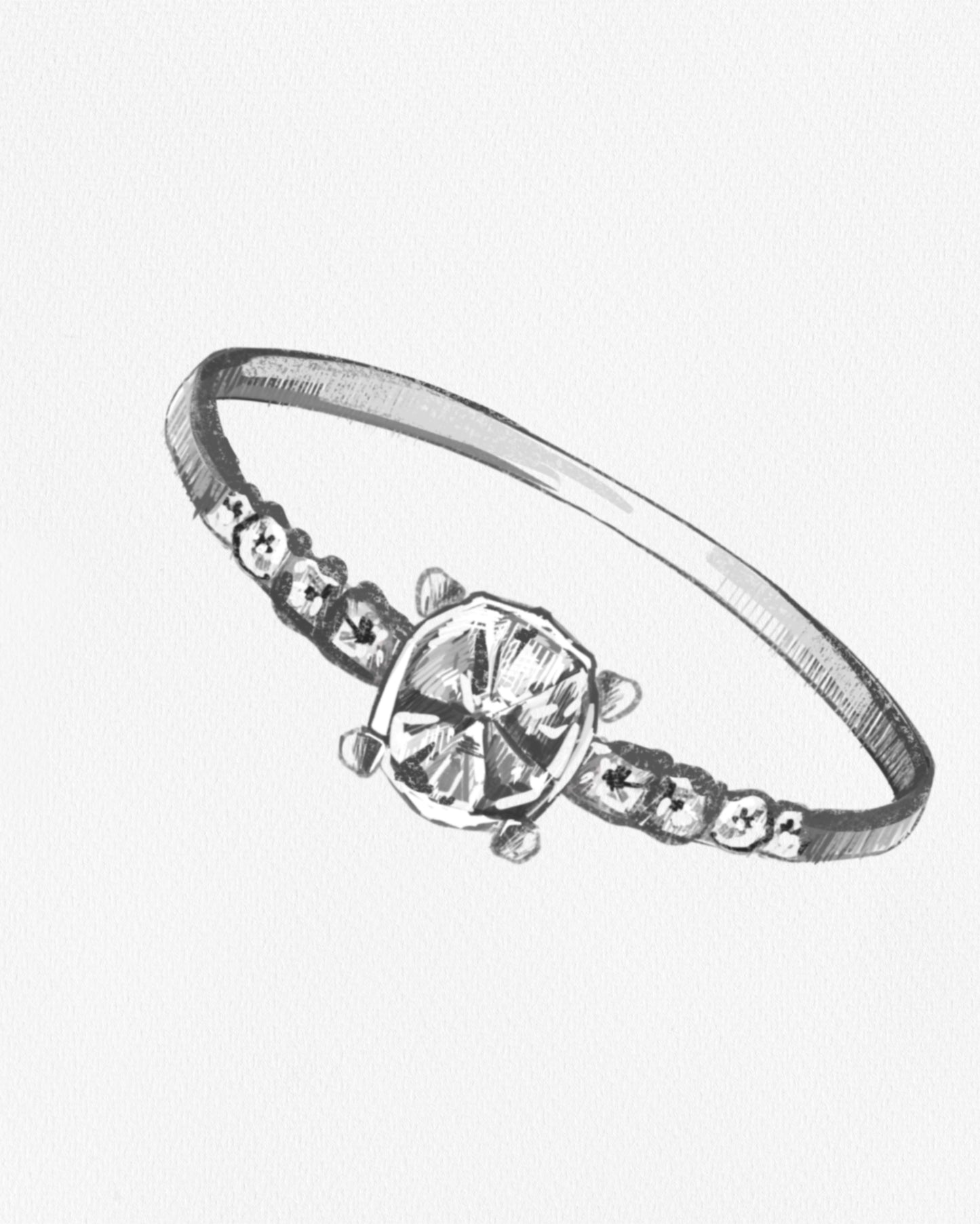 Sketch of a ring with a central gemstone on a white background