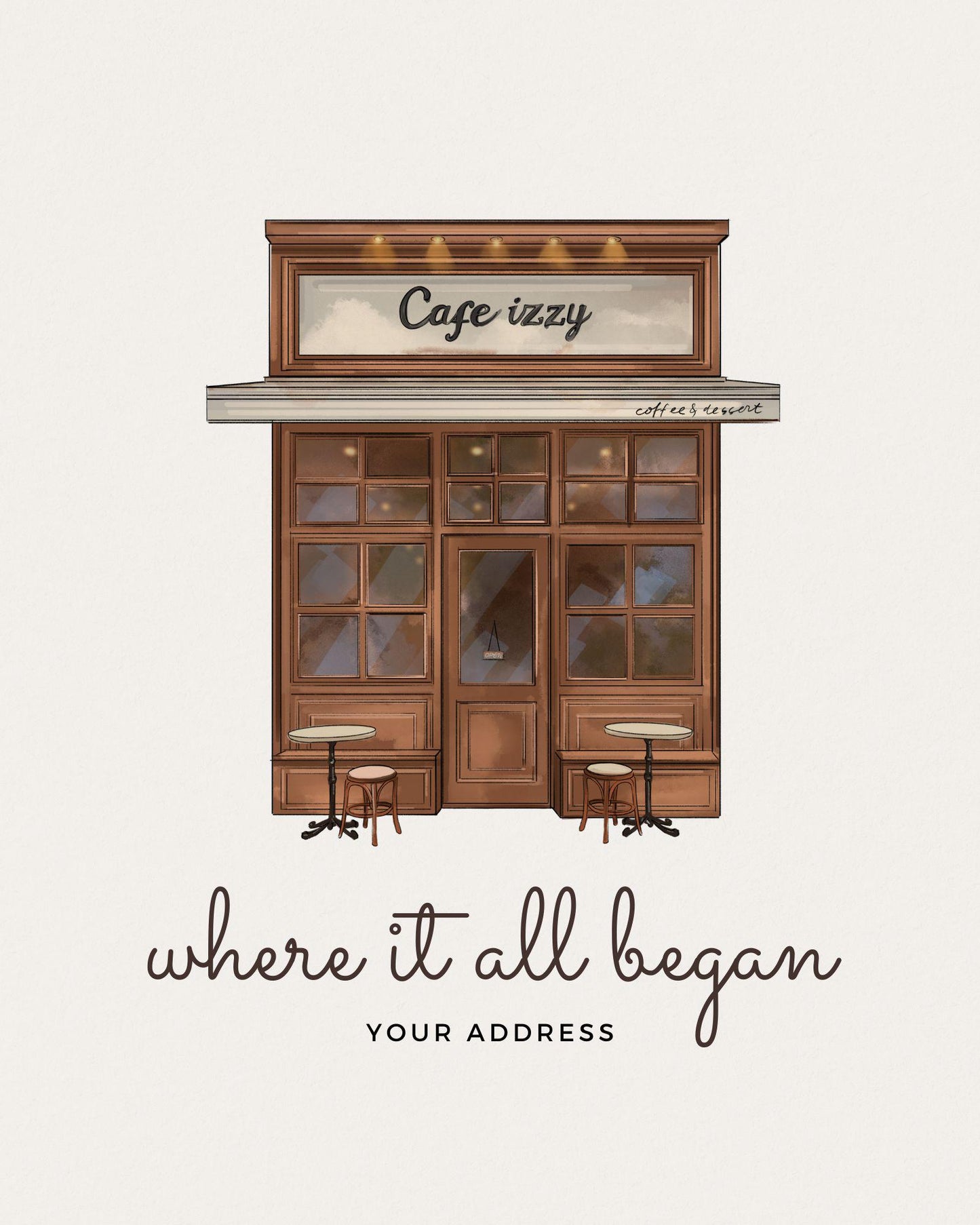 Illustration of a wooden storefront with 'Cage izzy' sign and text 'where it all began YOUR ADDRESS'.