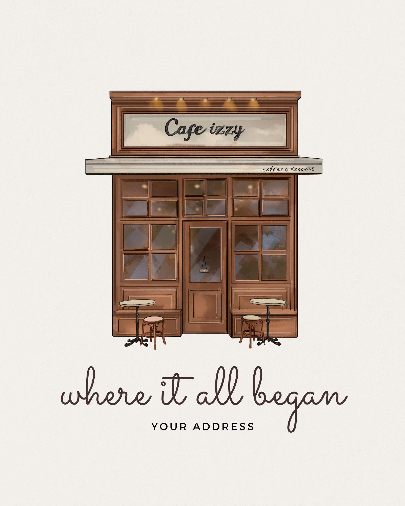 Illustration of a wooden storefront with 'Cage izzy' sign and text 'where it all began YOUR ADDRESS'.