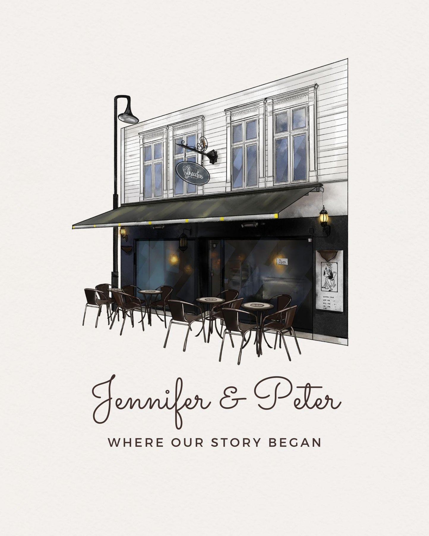 Watercolor illustration of a building facade with outdoor seating and 'Jennifer & Peter' text.