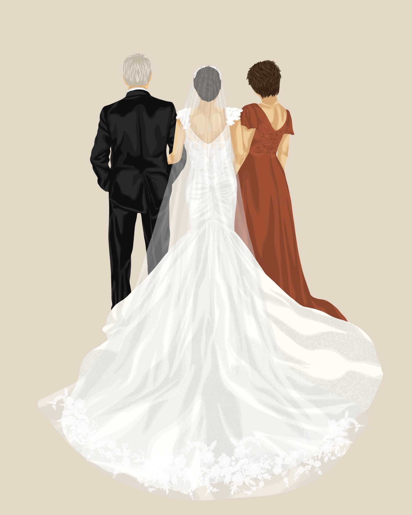 Personalized drawing of a bride in a white gown with parents in formal attire on a beige background