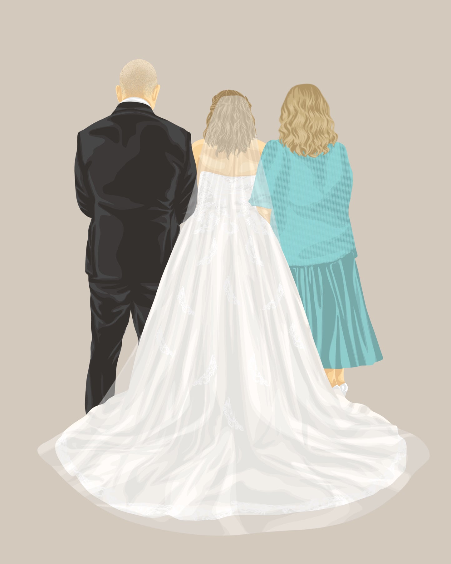 Custom Illustration of a bride in a white wedding gown with father of the bride in suit and mother of the bride in a teal dress on a beige background