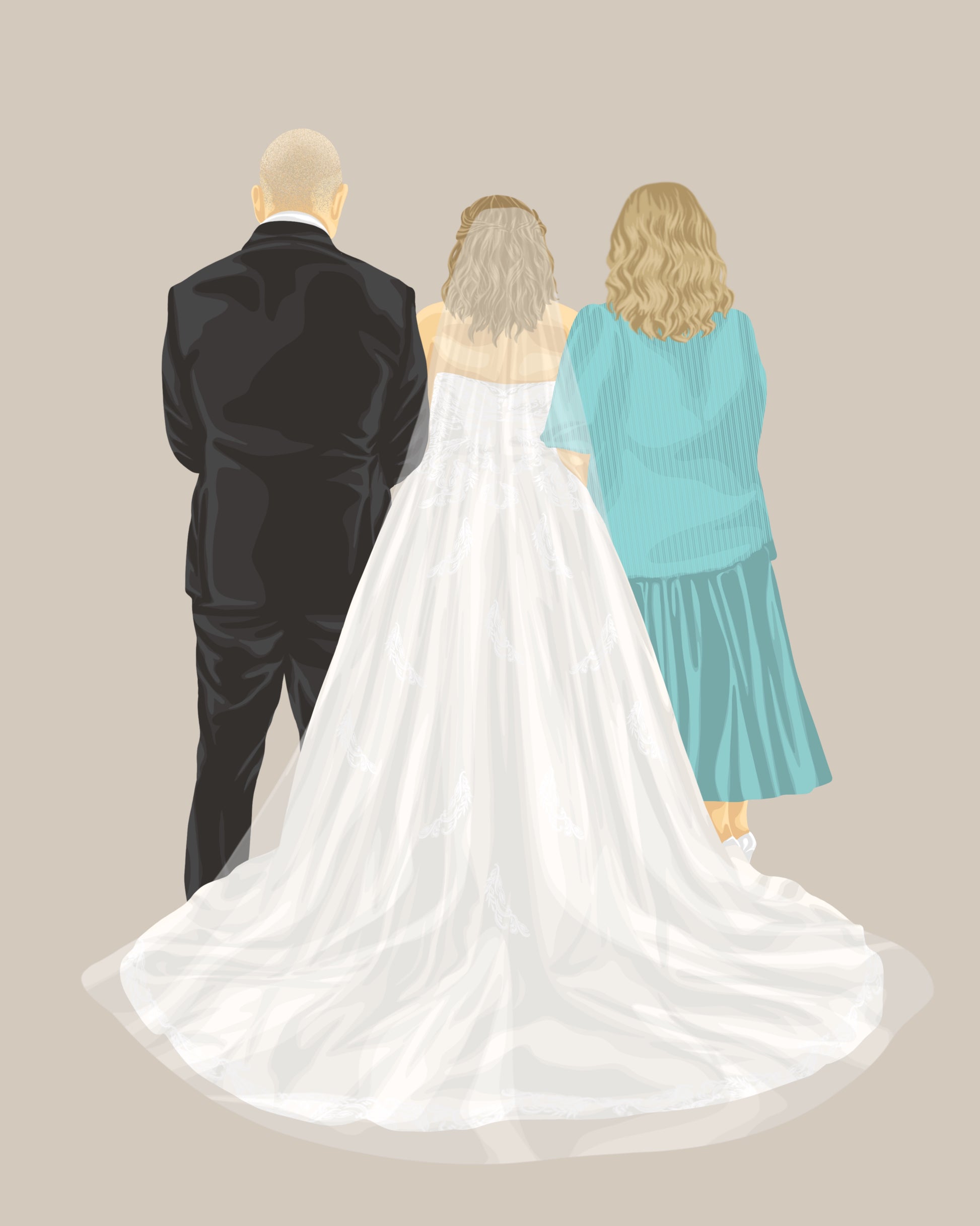Custom Illustration of a bride in a white wedding gown with father of the bride in suit and mother of the bride in a teal dress on a beige background