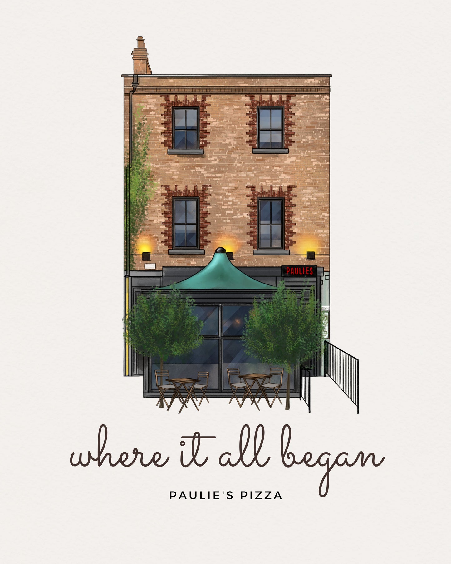 Watercolor drawing of a brick building with a pizza restaurant entrance, labeled 'Where it all began: Paulie's Pizza'.