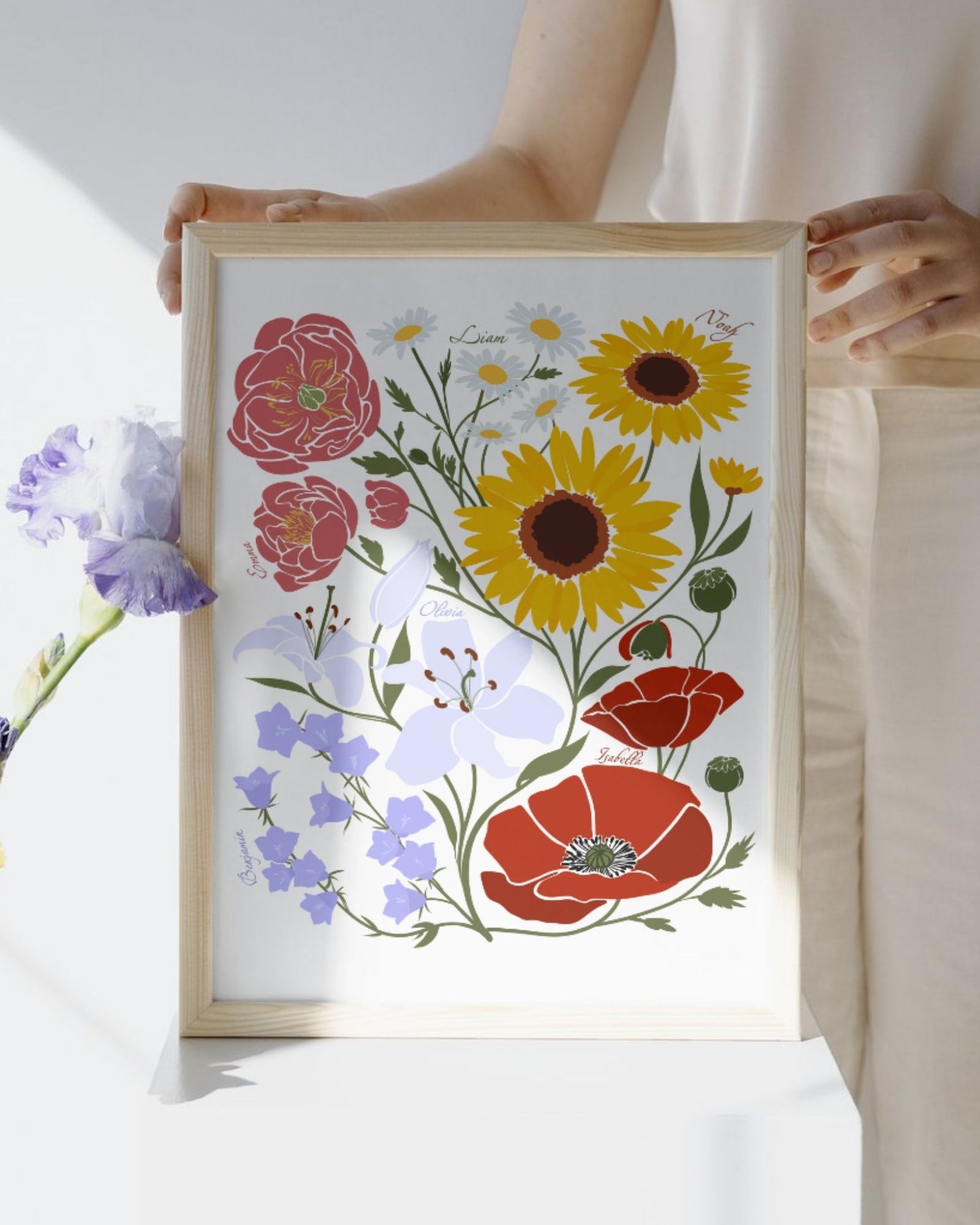 Custom birth flower print with colorful flowers held by a person.