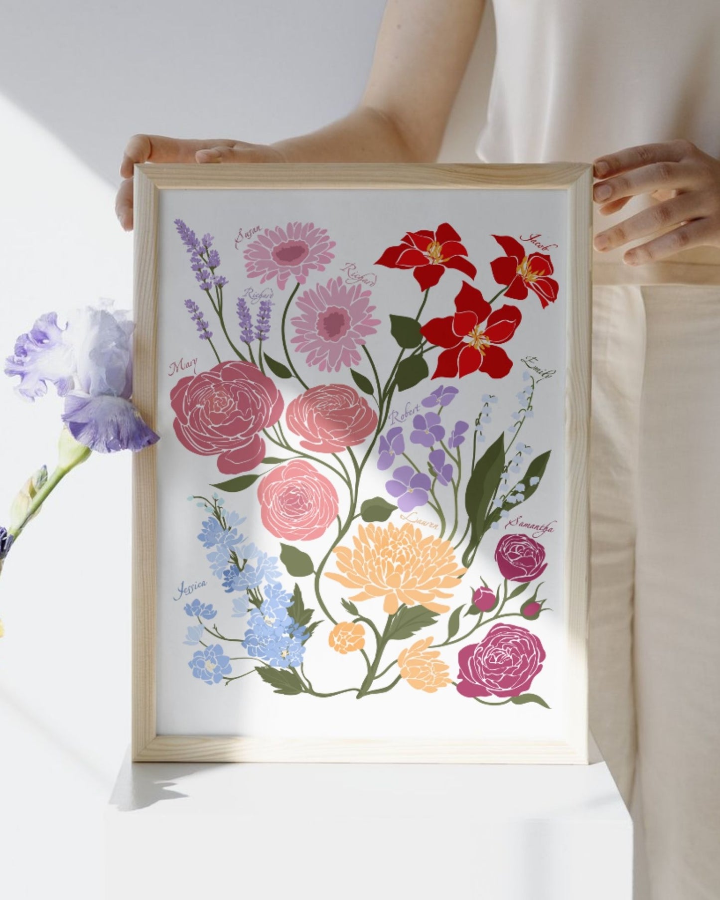 Framed hand-drawn personalised birth flower print held by a person against a white background