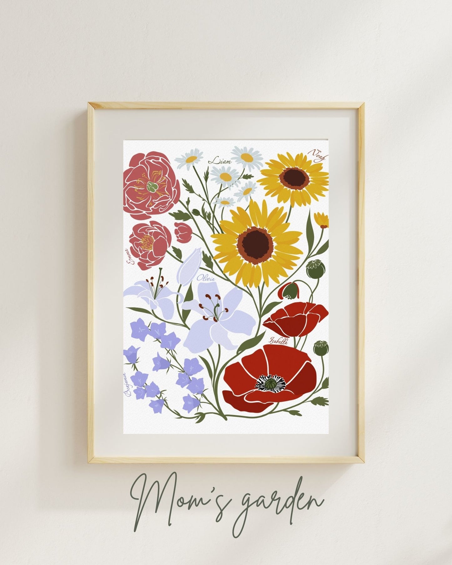 Framed floral artwork with colorful flowers on a white background