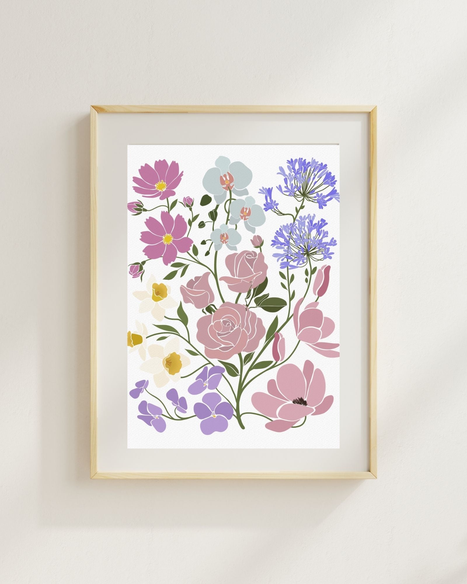 Framed floral artwork with pink, purple, and blue flowers on a white background