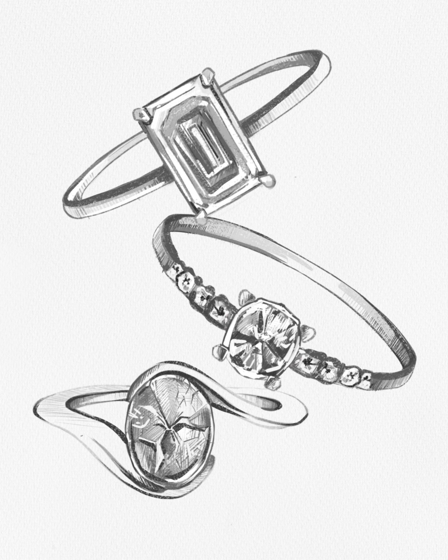 Hand-drawn ring sketch with 3 engagement rings with gemstones on a white background 