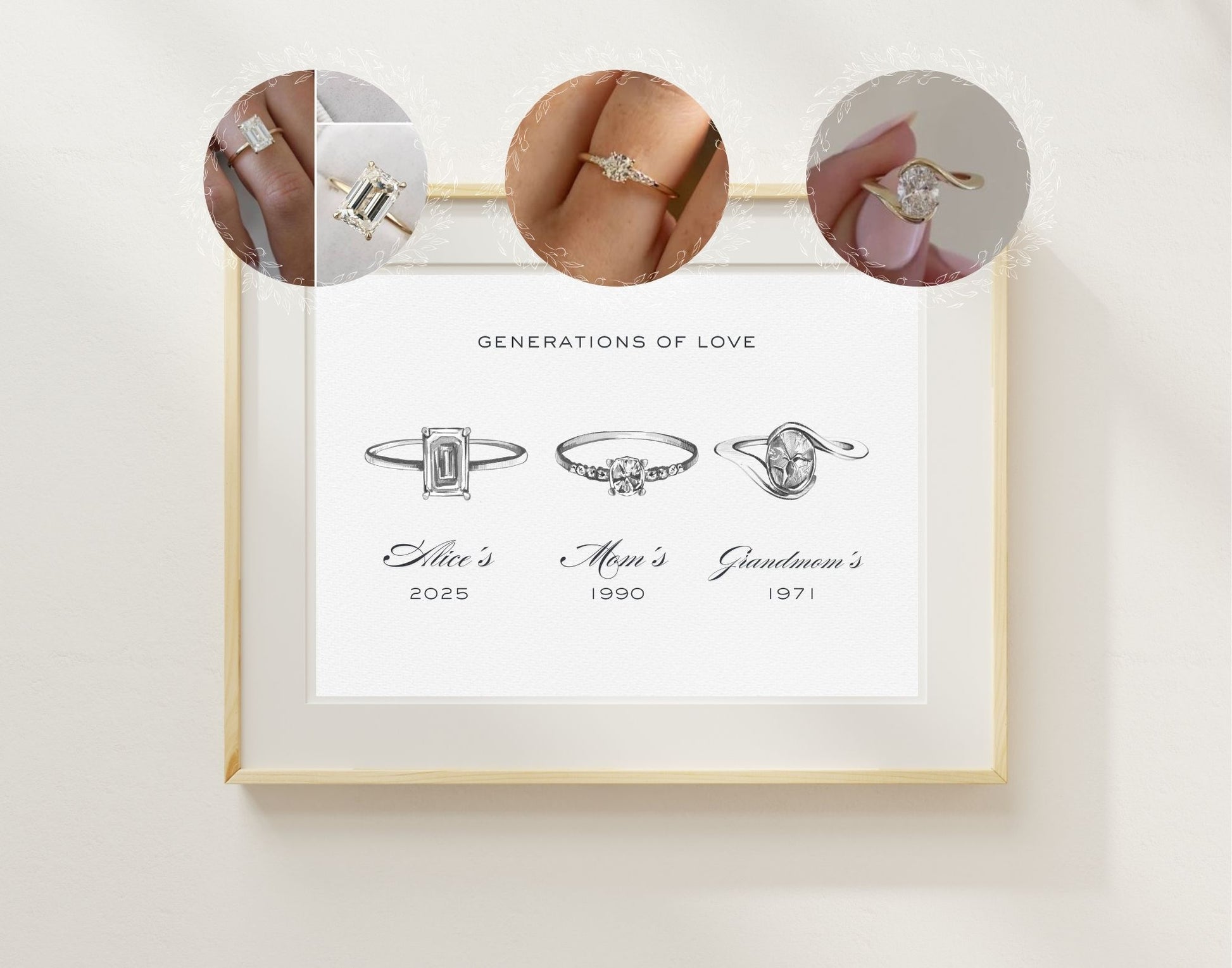 Framed artwork titled 'Generations of Love' displaying three hand-drawn ring sketches.