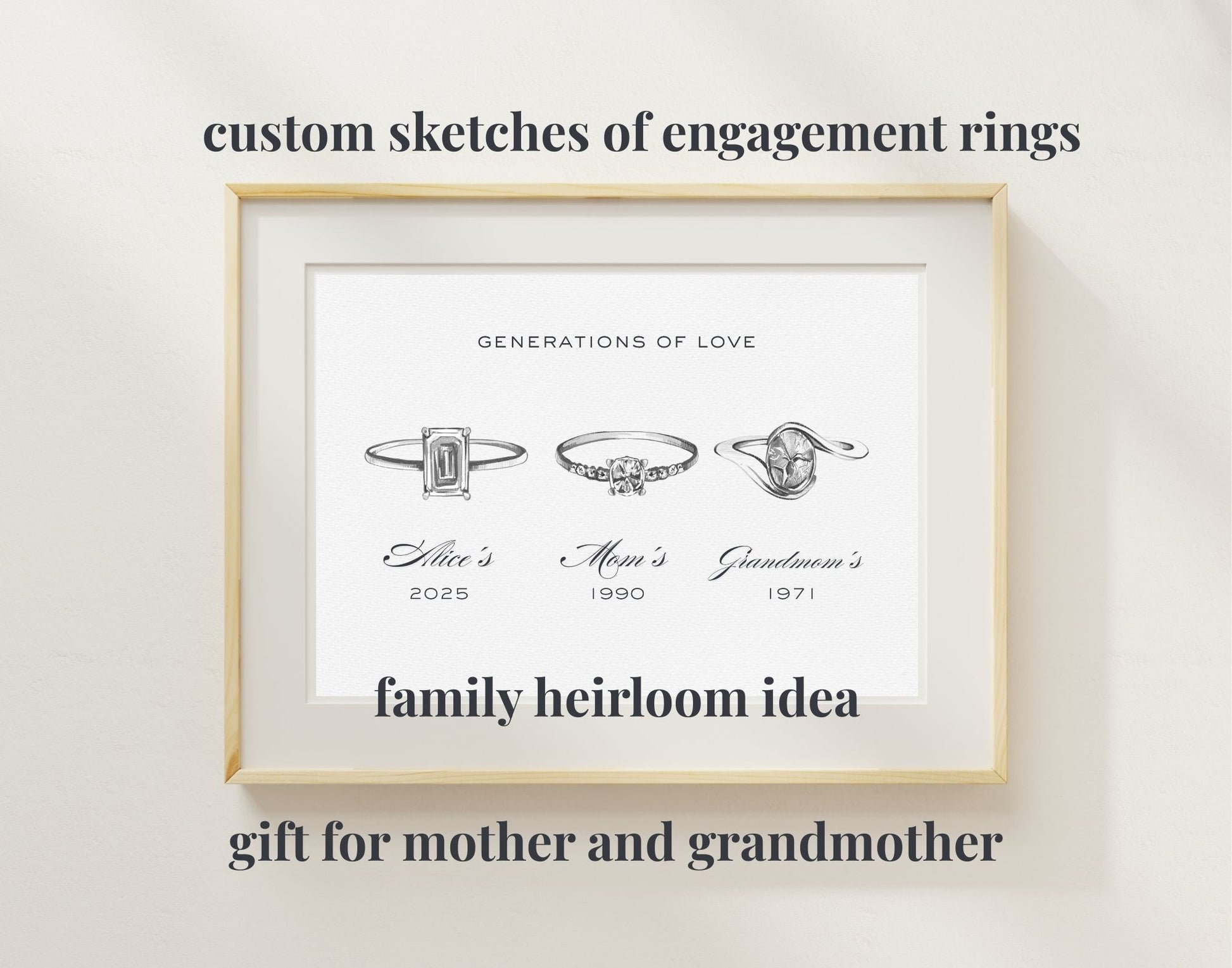 Framed artwork with custom sketches of engagement rings on a light background