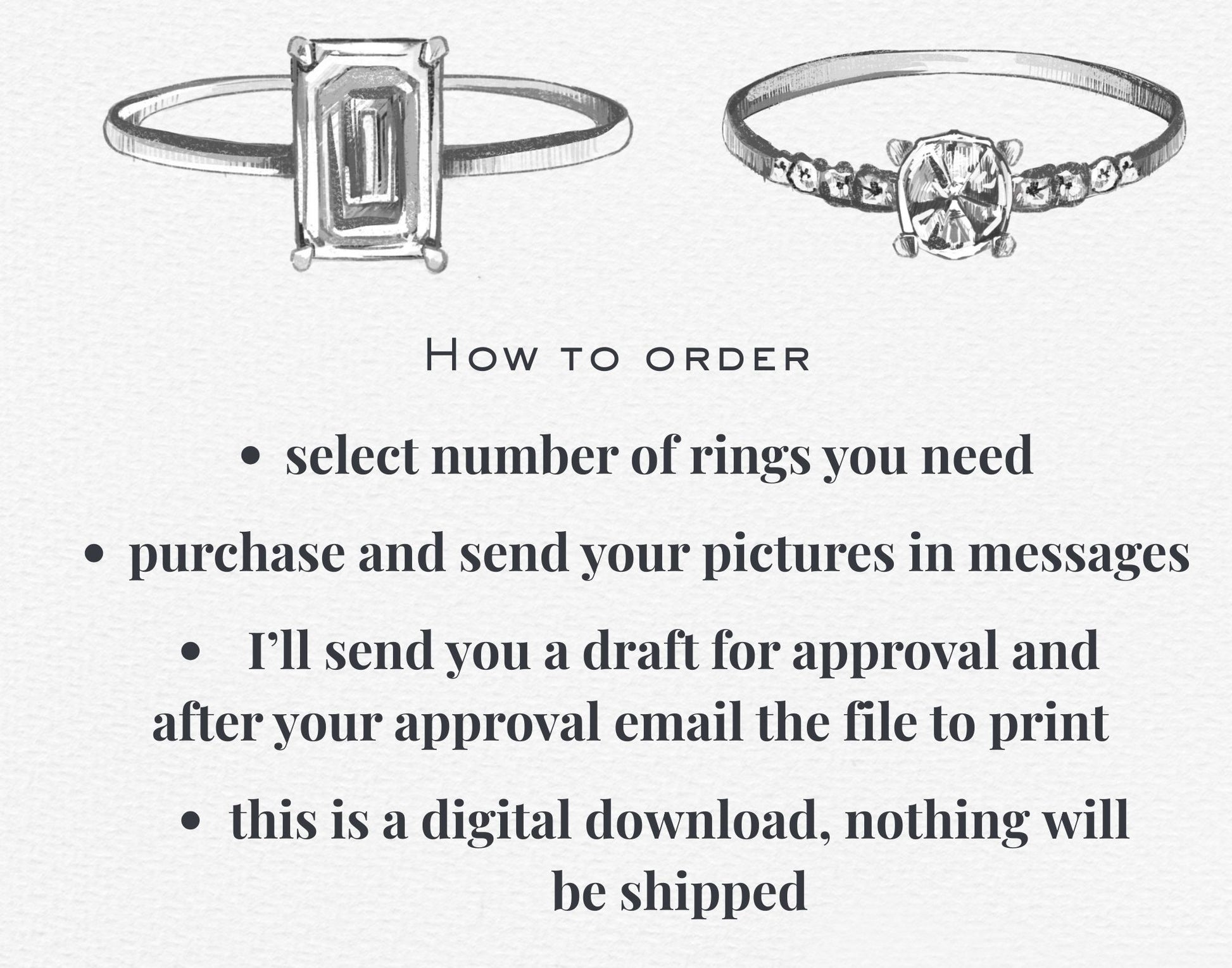 Two diamond rings with text on how to order ring sketches.