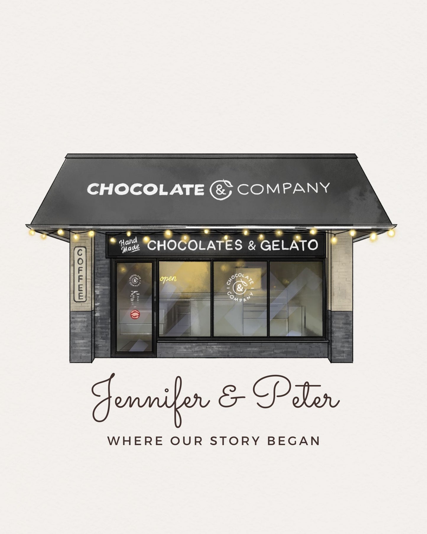 Chocolate & Company store front with 'Jennifer & Peter' text on a light gray background
