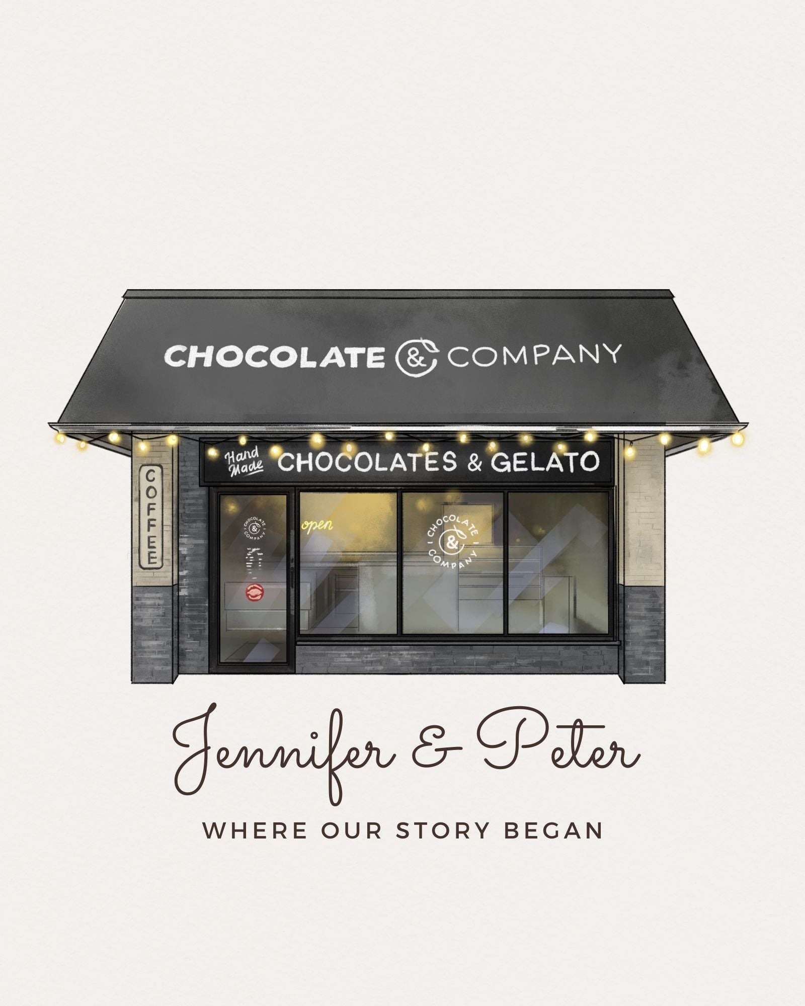 Chocolate & Company store front with 'Jennifer & Peter' text on a light gray background