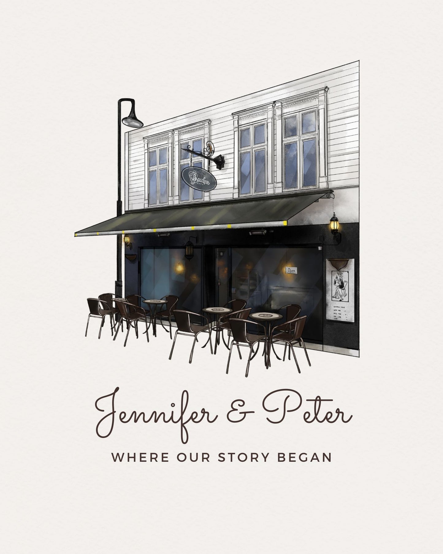 Watercolor hand-drawn illustration of a building facade with outdoor seating area and 'Jennifer & Peter' text.