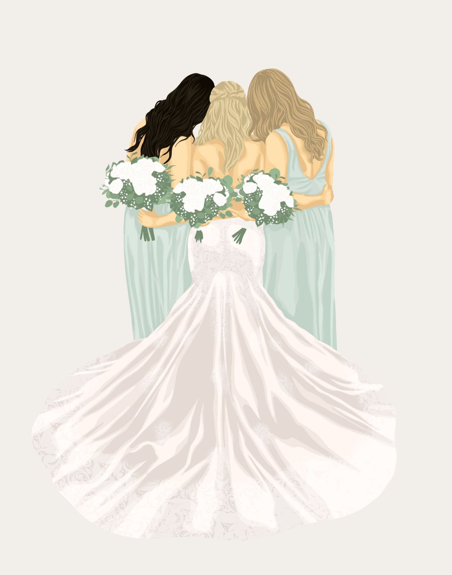 Illustration of a bride with two bridesmaids holding floral bouquets on a light background