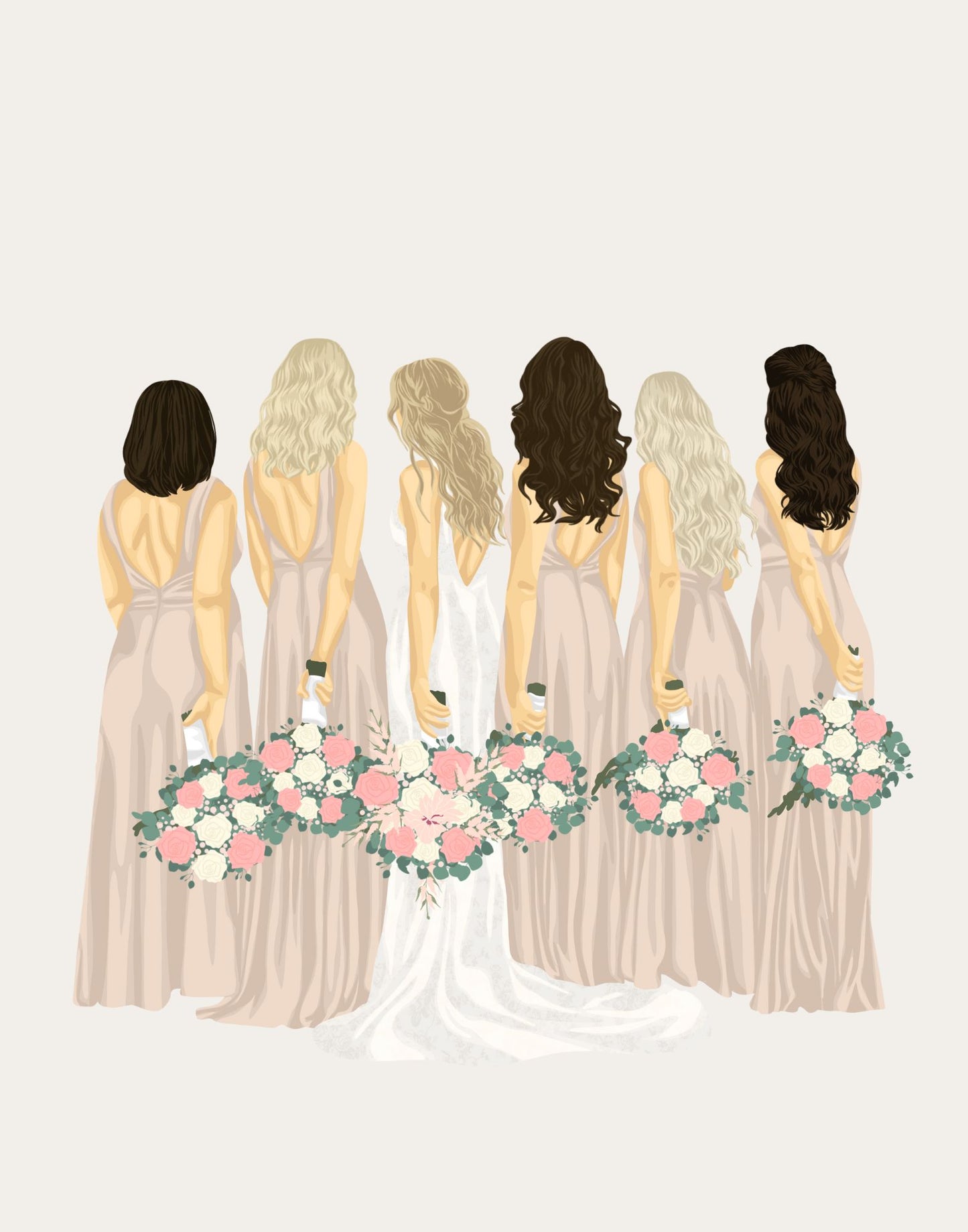 Illustration of the bride with her bridesmaids in long, elegant dresses with floral bouquets on a white background