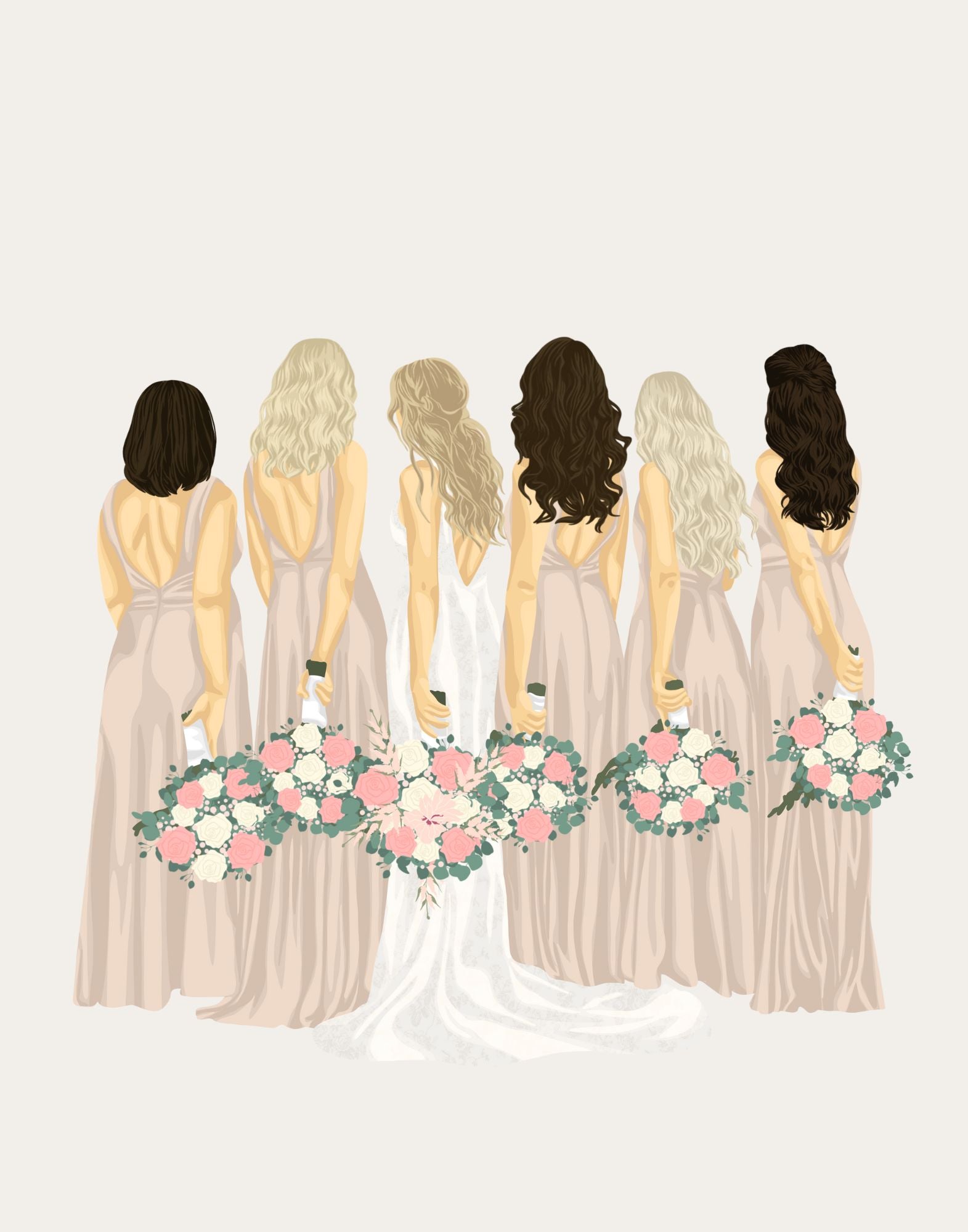 Illustration of the bride with her bridesmaids in long, elegant dresses with floral bouquets on a white background