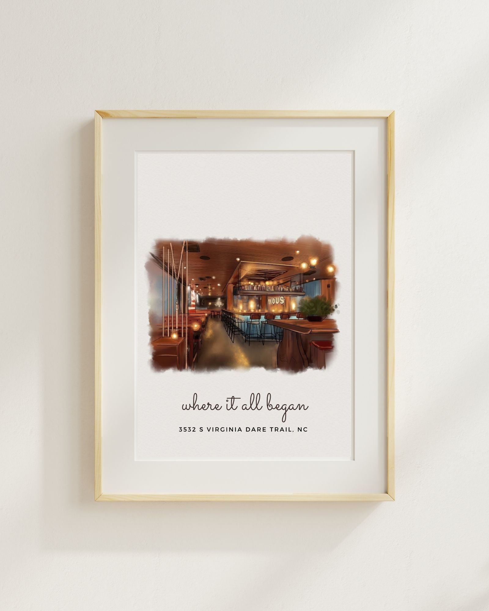 Framed watercolor print of a hand-drawn restaurant interior with text on a white wall