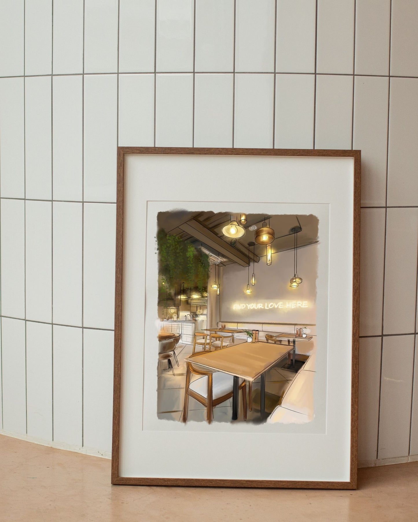 Framed photograph of a restaurant interior on a tiled wall.
