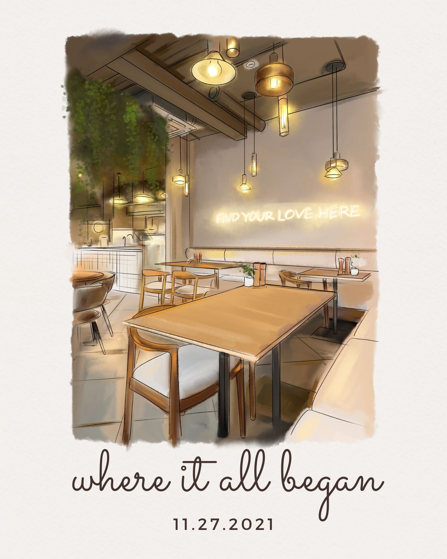 Watercolor drawing of modern restaurant interior with wooden tables and chairs, neutral color scheme, and a neon sign on the wall.
