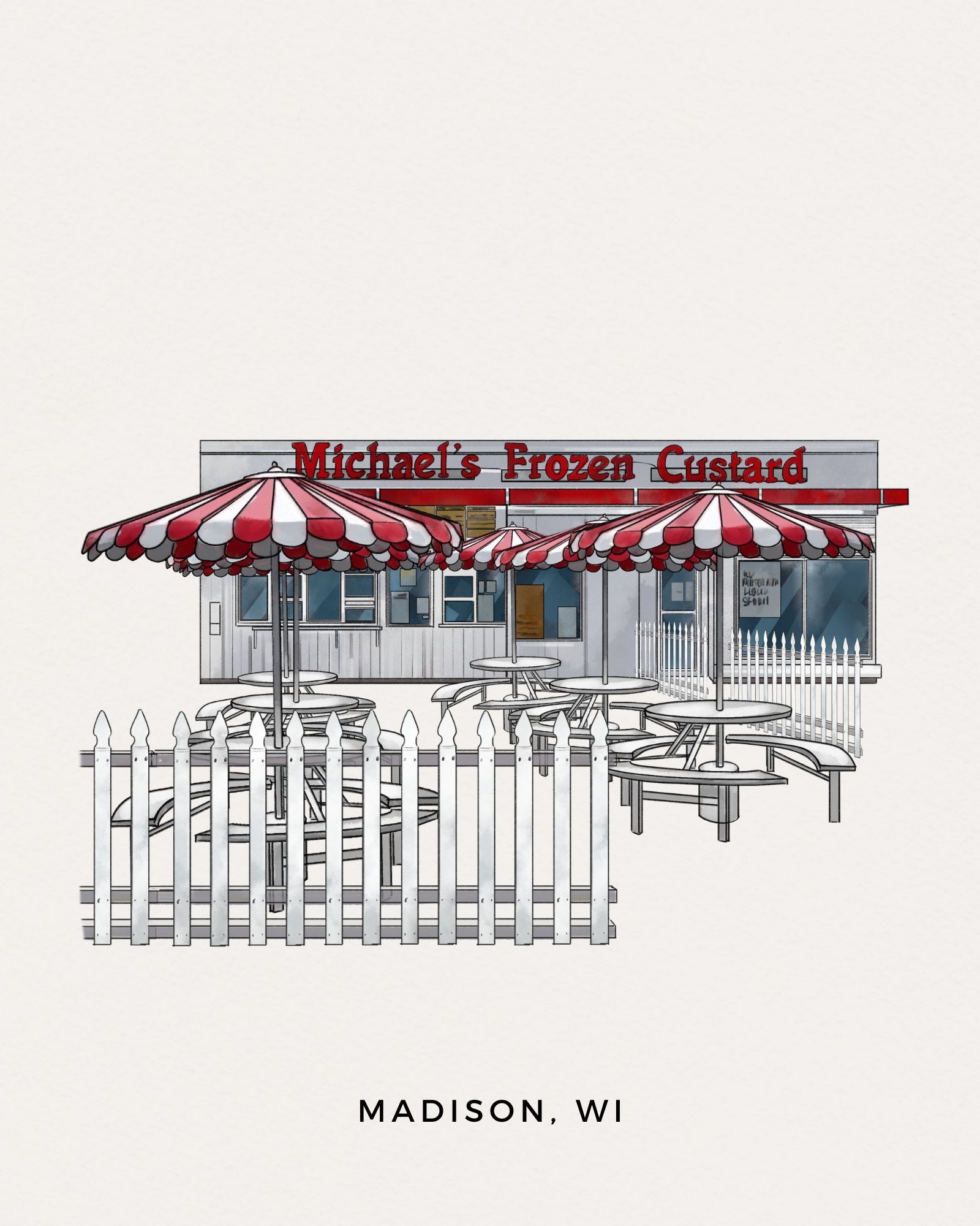 Watercolor drawing of a frozen custard shop with red and white striped awnings in Madison, WI.
