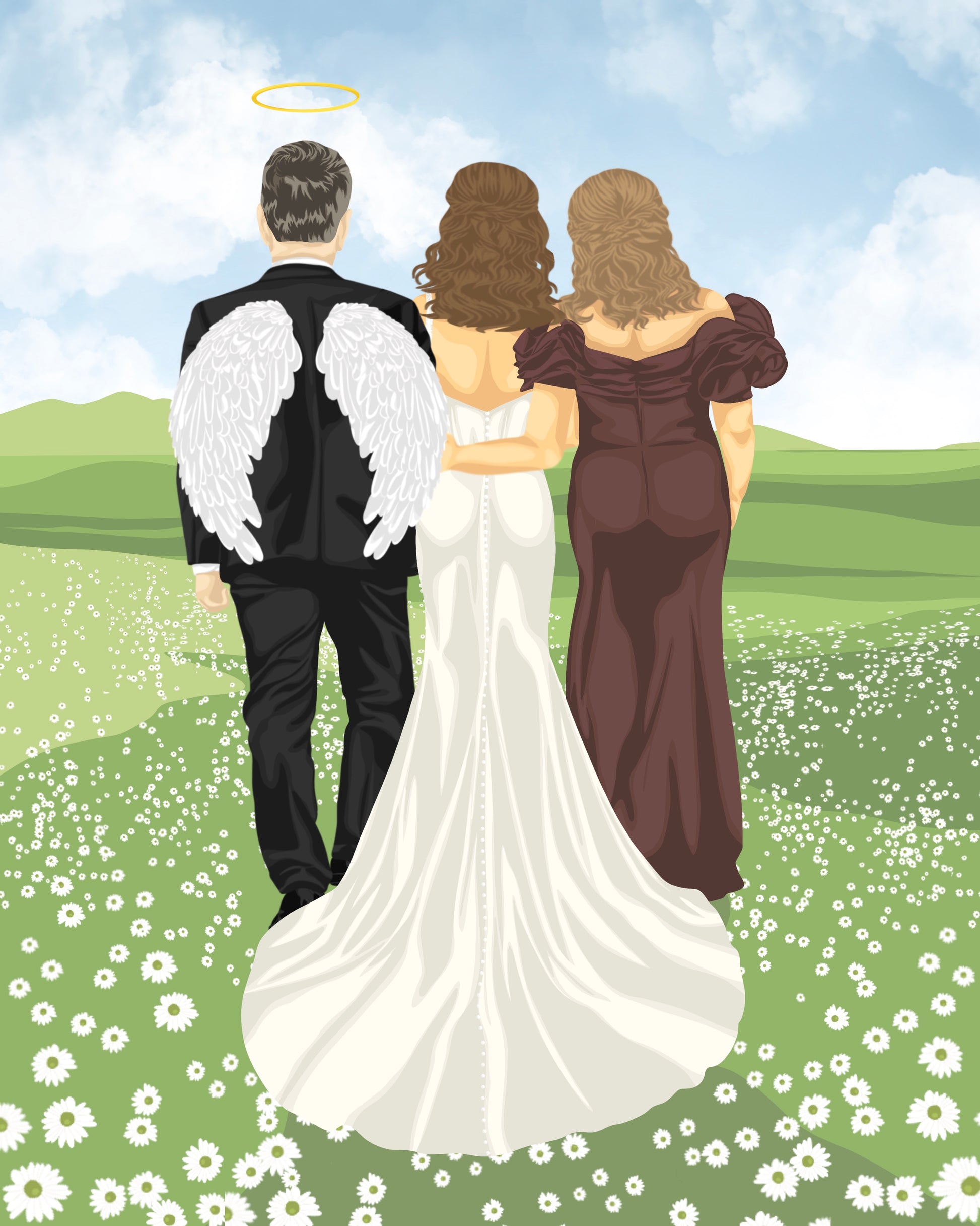 Illustration of a father of the bride with angel wings, a bride, and a mother of the bride in a brown dress standing together in a field with white flowers.